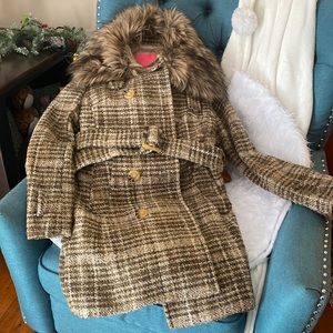 Betsey Johnson tweed coat with fur collar.